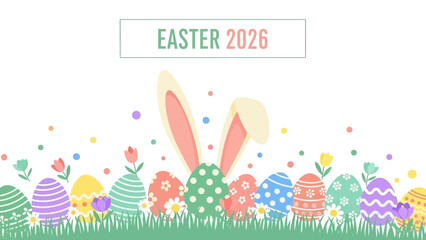 Happy easter 2026 greeting card with colorful decorated eggs and bunny ears peeking from behind in a grassy field with flowers