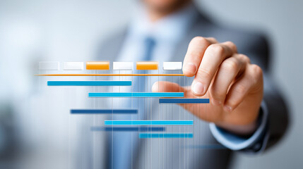 Faceless manager hands on project planning interface, task organization system, business scheduling tools, corporate timeline management, workflow coordination platform, defocused