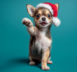 chihuahua puppy wearing a santa hat and making paw pointing gesture; cute christmas dog isolated over blue background