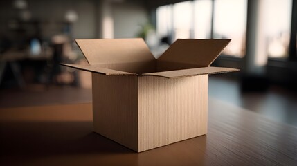 Empty open cardboard box on table