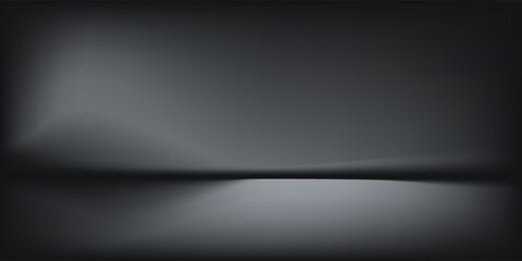Black studio room. Limbo dark grey spotlight background. Abstract 3d backdrop for product presentation. Minimal wall scene. Showcase, promotion display. Vector stage mockup illustration