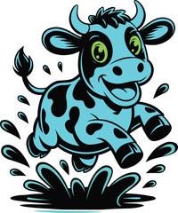 Cute Blue Cartoon Cow Jumping in Splash Vector Illustration
