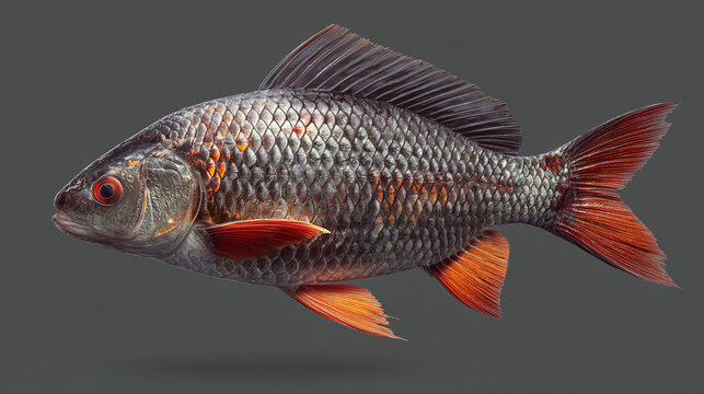 A vibrant fish with intricate scales and fins, showcasing a stunning array of colors. The fish is a sight to behold