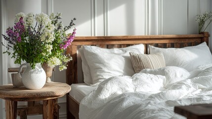 Elegant Nordic-inspired bedroom with white bedding, wooden accents, and fresh flowers  