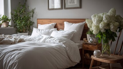 Elegant Nordic-inspired bedroom with white bedding, wooden accents, and fresh flowers 