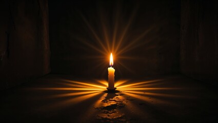 Single candle burning brightly in a dark room with dramatic lighting