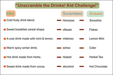 A fun educational game for kids to unscramble words related to drinks and beverages.