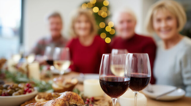 Family enjoying Christmas, appetizers wine festive, table setting holiday, celebration display seasonal, dining scene home, gathering moment winter, feast tradition display, facele - Powered by Adobe