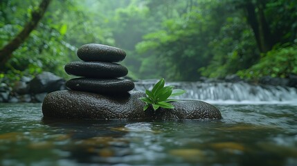 Zen stones balanced on rocks in a stream