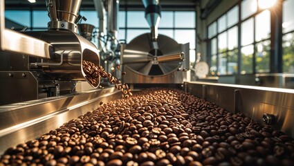 Freshly roasted coffee beans pouring into a production line