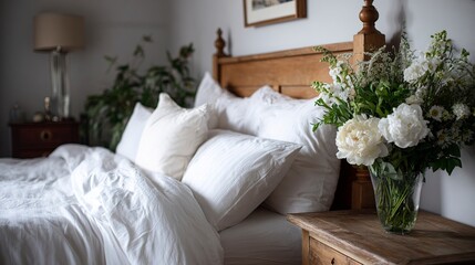 Elegant Nordic-inspired bedroom with white bedding, wooden accents, and fresh flowers