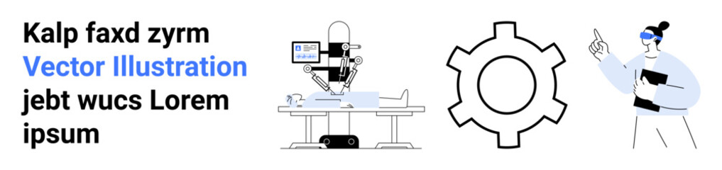 Robot performing surgery on patient, large gear, professional giving presentation. Ideal for technology, innovation, healthcare, engineering, teamwork, education simple landing page