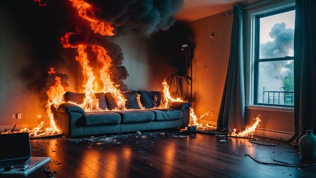 Burning couch engulfed in flames inside a living room