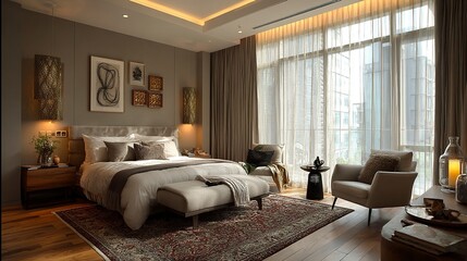 Elegant urban bedroom interior with contemporary furniture and warm neutral tones  