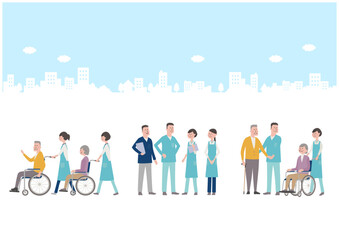 移動介助や見守りを行う介護スタッフと高齢者の福祉シーンイラストセット