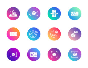 AR, 3D, augmented reality. Vector set of 12 round gradient icons featuring cubes, rotation, mobile AR, 360 view, and scanning for digital design, modeling, and interactive content.