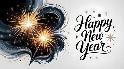 Midnight Celebration: Stylized Fireworks and Script Typography on a Dark, Abstract Background