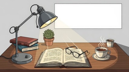 Cozy Study Desk with Open Book, Lamp, Coffee, and Glasses.