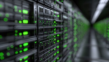 Server room Rows of black, textured servers with glowing green lights