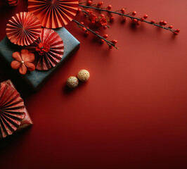 Chinese New Year fan-shaped decoration on the left side of the screen with gift boxes, red paper fans, gold decorations and branches with red blooming flowers on red background 