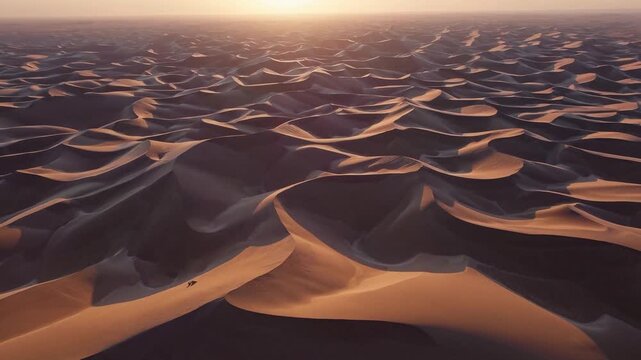 Golden sand dunes ripple across an endless desert landscape, shaped beautifully by the wind. The warm glow of the setting sun casts gentle shadows, highlighting each curve of the s