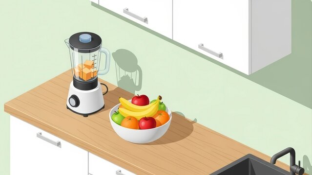 Isometric Kitchen Countertop with Blender and Fruit Bowl. - Powered by Adobe
