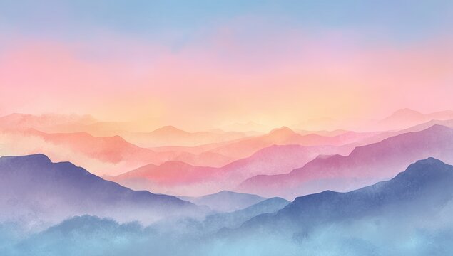 Soft pastel mountain range layers under pink and blue sky, misty foreground - Powered by Adobe