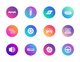 Car parts, tuning, diagnostics. Vector set of 12 round gradient icons featuring wheels, brakes, turbo, NOS, audio, and steering for automotive UI, customization, and repair apps.