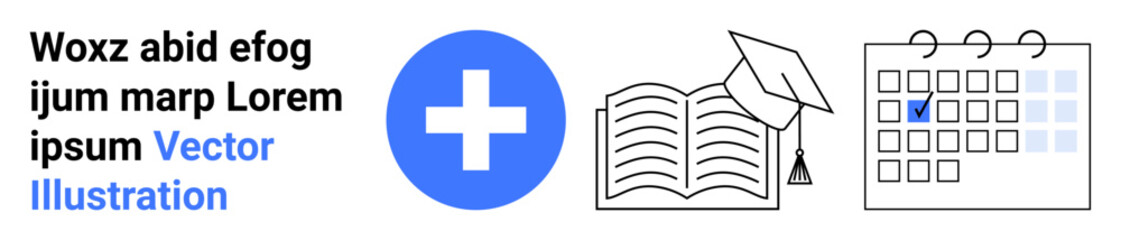 Obraz premium Education planning, academic scheduling, healthcare organization, goal setting, time management, achievement motivation. Open book, graduation cap calendar blue cross. Education planning