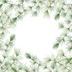 Watercolor green European Larch branches square frame on isolated background. Larix tree border with empty space for text. Christmas template for greeting card, label, invitation, digital banner.