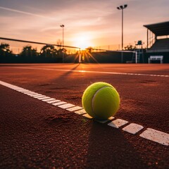 Tennis Ball on Court at Sunset - A Moment of Focus and Precision.