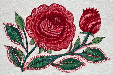 Vibrant Madhubani-style folk art illustration featuring a detailed red rose in full bloom alongside a rosebud, surrounded by intricate green leaves, perfect for celebrating traditional Indian folk art