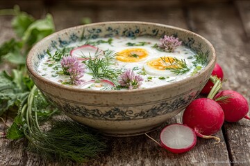 Delicious thin white cottage cheese soup with fresh herbs and radish