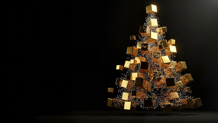 Christmas tree decorated with gold presents on dark background  