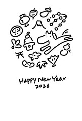 走る馬と正月の縁起物の年賀状テンプレート　2026 白黒ラインアート