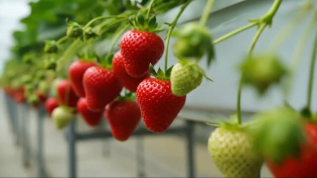 Ripe red strawberry fruit hanging from plant stem in a row in a greenhouse. Close up of cultivated berry for harvest.