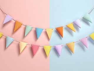 Pastel-colored paper bunting hanging on a light pink and light blue background