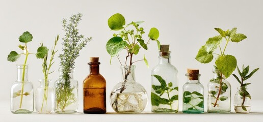 Several small glass bottles, filled with water and holding various small plants, sit in a row against a light gray background.  The bottles are clear and amber glass, and the plants are vibrant green