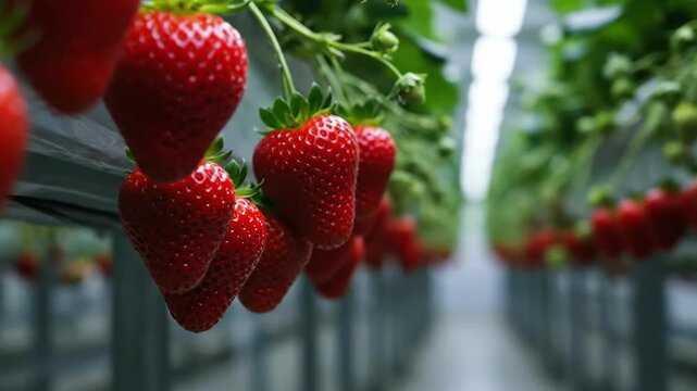 Ripe red strawberry fruit hanging from plant stem in a row in a greenhouse. Close up of cultivated berry for harvest.
