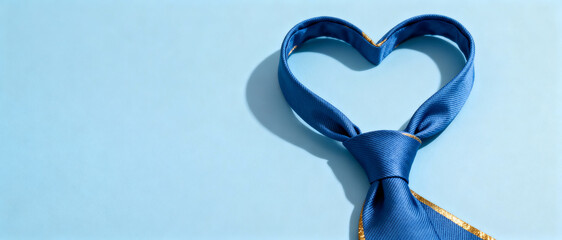 Blue necktie shaped into a heart on pastel background symbolizing care, love, appreciation, and celebration of special occasions