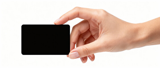 Obraz premium Woman's hand holding a blank black business card with neutral background, elegant gesture, clean template for identity design
