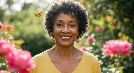 Smiling mature woman in yellow shirt standing in blooming garden surrounded by pink flowers and butterflies on a sunny day