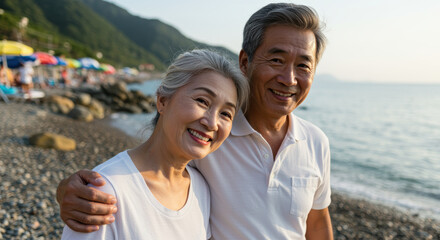 Smiling senior couple enjoying a peaceful day together on a rocky beach with umbrellas, relaxed atmosphere, and mountain view