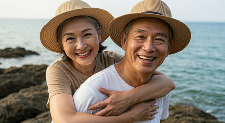 Joyful older couple smiling and embracing outdoors near the ocean, wearing straw hats and casual clothes on a sunny afternoon