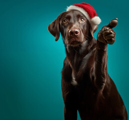 adorable chocolate labrador dog wearing santa claus hat and making pointing finger gesture; doggy isolated over blue background; funny dog christmas recommendation concept