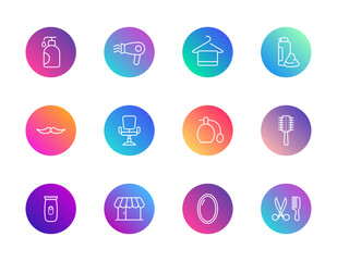 Salon, grooming, beauty. Vector set of 12 round gradient icons featuring scissors, mirror, chair, dryer, and care tools for personal hygiene, styling, and barbershop UI design.