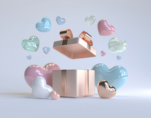 Romantic 3D Valentine&rsquo;s Day Gift Box with Floating Love Letters, Pink Hearts, and Rose-Gold Ribbon in Minimal White Background