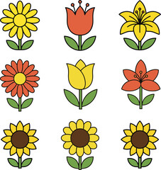 Yellow and Orange Flower Icon Set Vector &ndash; Sunflower, Daisy, Tulip, Lily