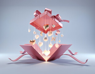 Romantic 3D Valentine&rsquo;s Day Gift Box with Floating Love Letters, Pink Hearts, and Rose-Gold Ribbon in Minimal White Background