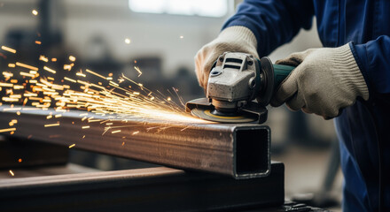 Industrial worker using angle grinder on metal beam with flying sparks in workshop, showcasing precision cutting and fabrication